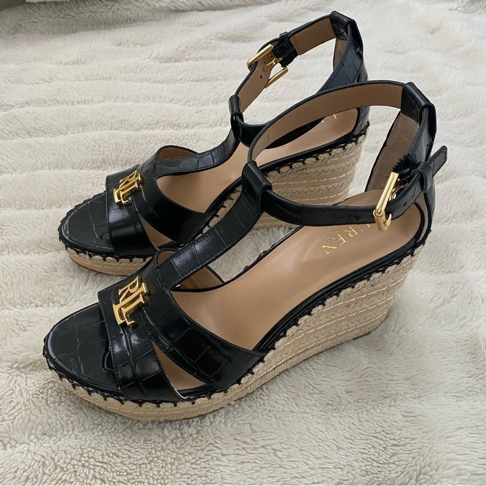 Lauren Ralph Lauren Hale II Black Leather Croc Espadrille Wedges Size 9.5